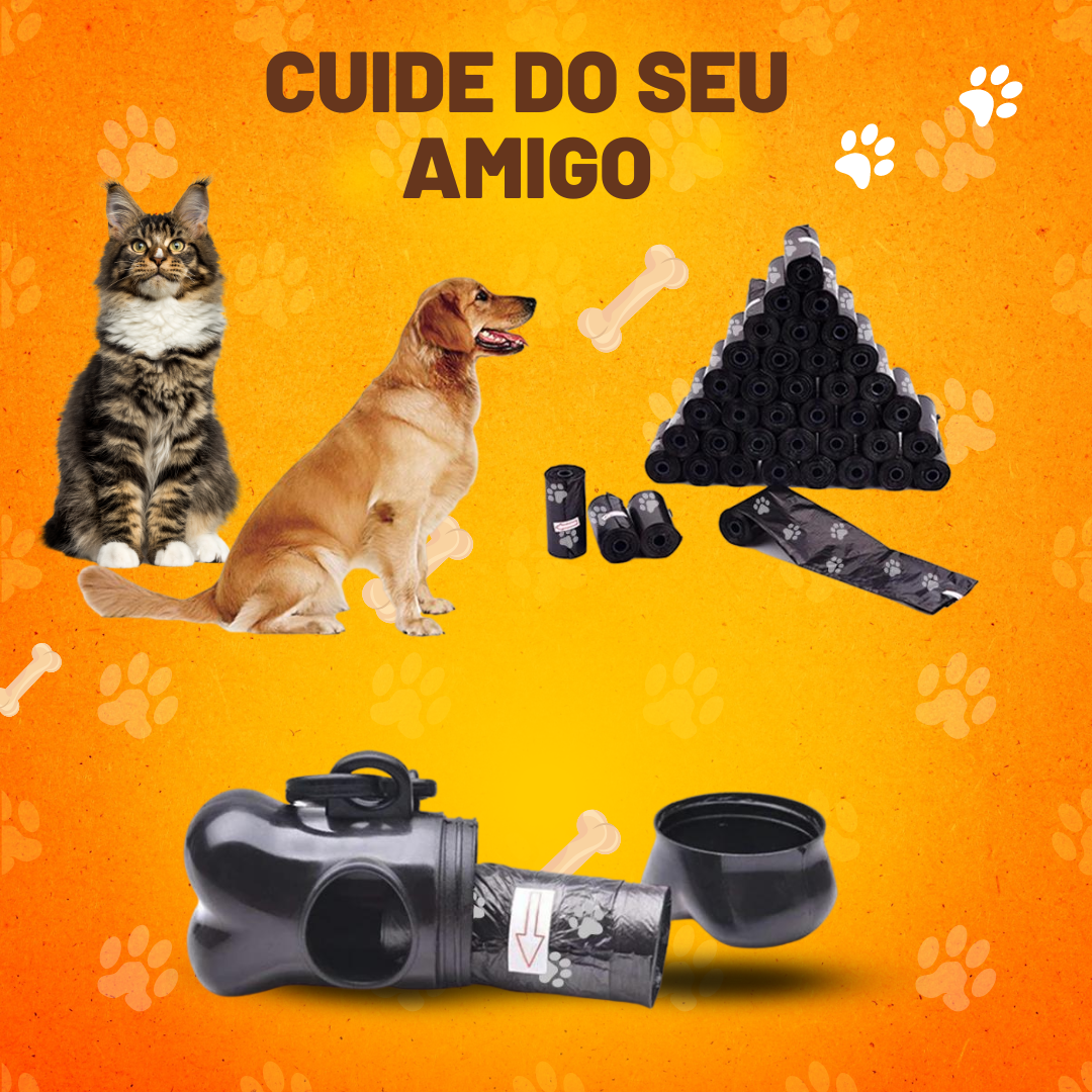 KiT 5 Saquinhos Coletor de cocô e lixo Pet + 1 dispenser formato osso